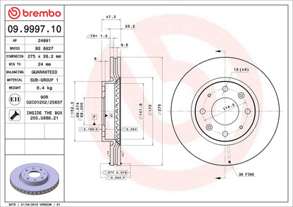 BREMBO 09999710C02 Brembo 09.9997.10 Standard vented Front Brake Rotor HORKI (DYK)/KIA/KIA (DYK) OE# 517122F100