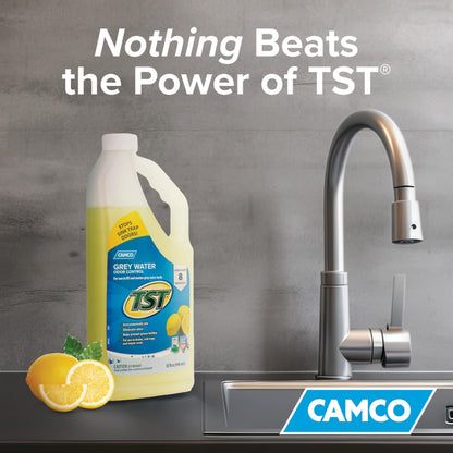 CAMCO 40252 Camco TST Camper/RV Grey Water Odor Control - Features Septic Safe Biodegradable Formula - Removes Grease Build-Up in Black Water Tank, Sink & Shower Drains - Fresh Lemon Scent, 32-oz Bottle (40252)