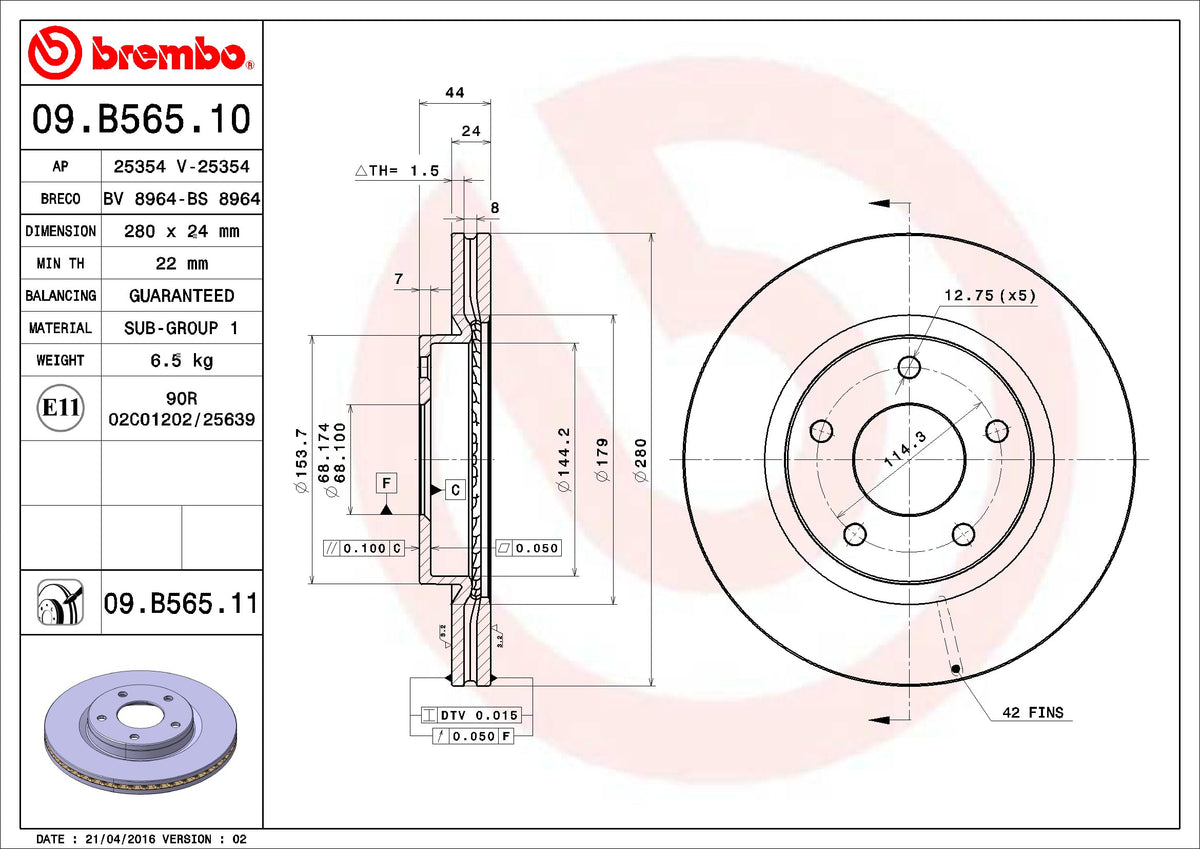 BREMBO 09.B565.10 Brembo 09.B565.10 DISCBRAKEROTOR VENTEDDISC