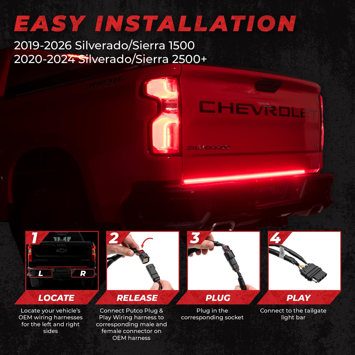 Putco 9201960-05 Putco 60" Blade LED Tailgate Light Bar Red/Amber/White LEDs & Plug-N-Play Quick Connect Harness - Fits Chevy Silverado/GMC Sierra 2020-2026