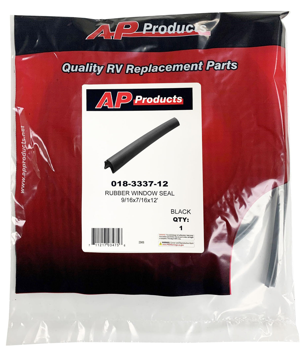 AP PRODUCTS 018-3337-12 AP Products 018-3337-12 Rubber Window Seal - 9/16" x 7/16" x 12'