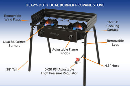 FLAME KING YSN-DB60K Flame King Outdoor Propane Double Dual Burner Stove 200K BTU Turkey Fryer/Camp Cooker, Portable with Stand Great for Backyard Cooking, Home Brewing & Canning