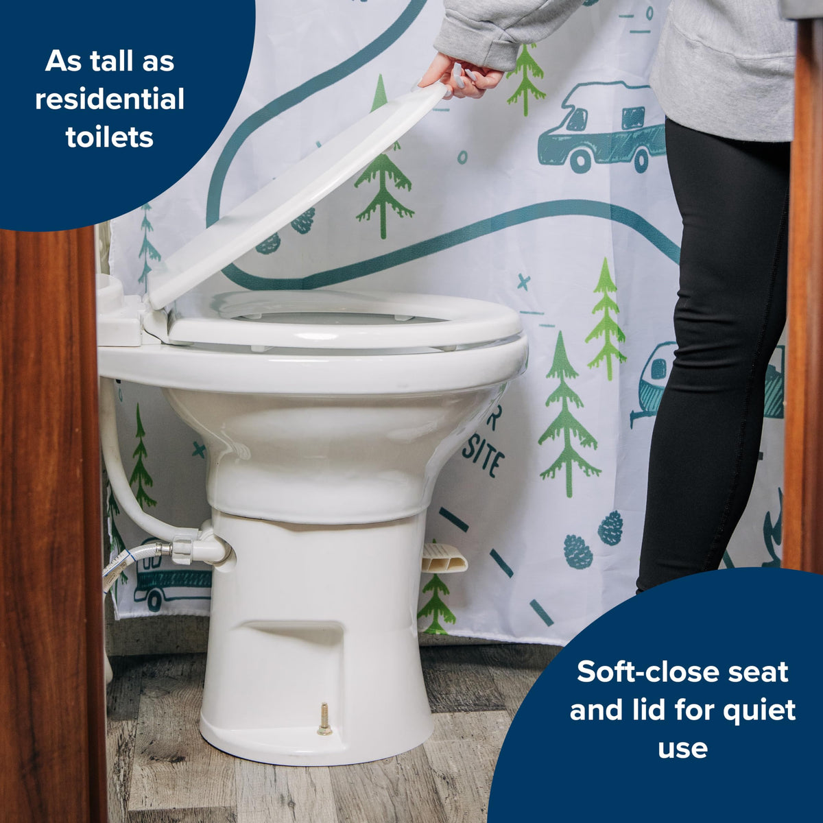CAMCO 41710 Camco Premium Ceramic Camper/RV Toilet - Features Gravity Flush System with Convenient Foot Pedal & Full-Sized Ergonomic Design with 18" Chair Height - Soft-Close Wood Seat & Lid - White (41710)