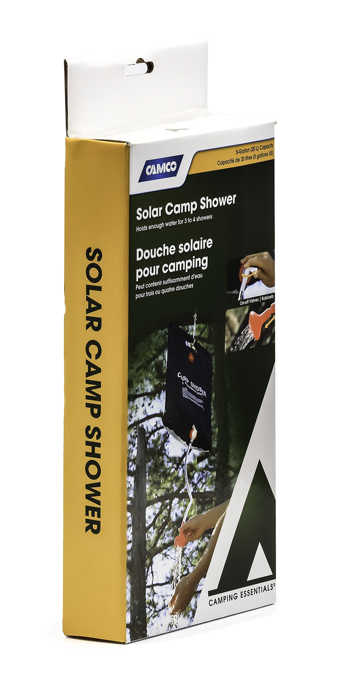 CAMCO 51368 Camco Outdoor Natural Solar Shower with On-Off Valve for Campsites - Holds 5 Gallons of Water, Sufficient for 3-4 Showers, Excellent for Camping, Hiking, RVing, and Traveling (51368), White
