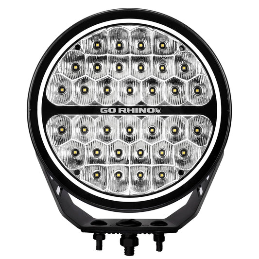 GO RHINO 751700911DRS Go Rhino Xplor Lighting: Blackout Series 9" Round Single Driving Kit w/ Daytime Running Lights | Surface Mount ( Threaded Stud Mount), Aluminum, Black | 751700911DRS