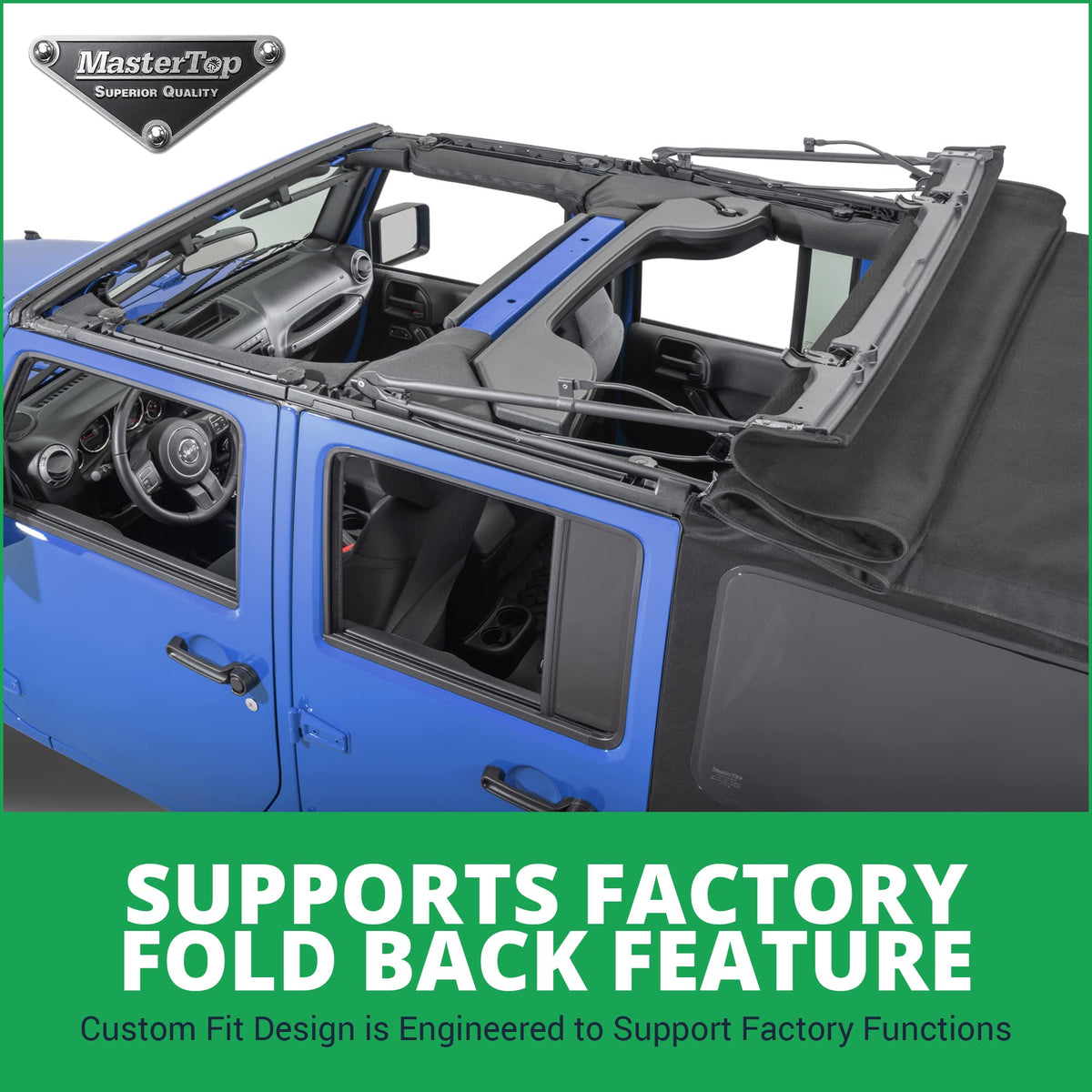 MASTERTOP 15201924 MasterTop Premium Replacement Fabric Only Soft Top - Fits Jeep Wrangler JK 4-Door 2010-2018 - Zip Up Removable Windows - DOT Approved 31% Window Tint - Upgraded Cable Style Design, Black MasterTwill