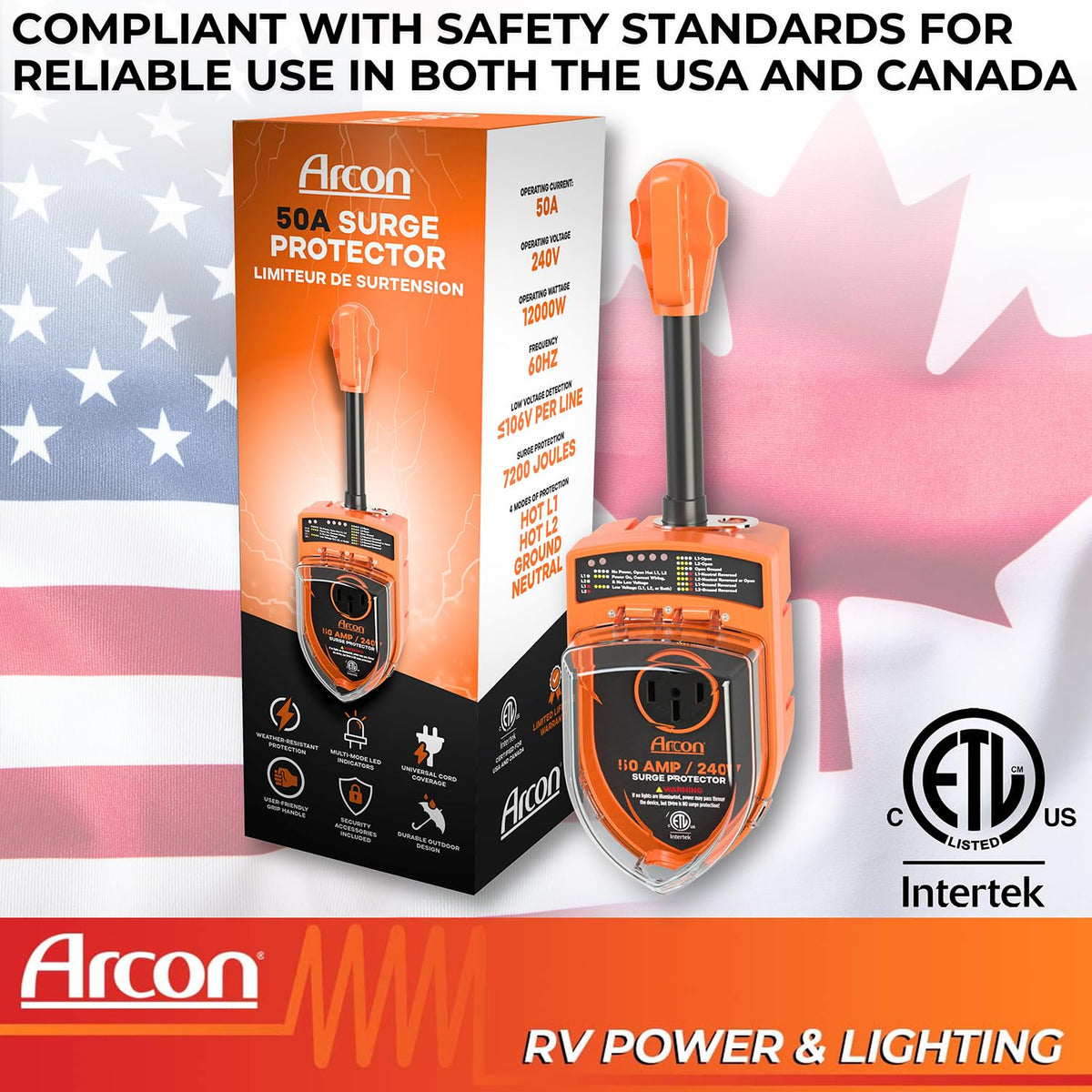 ARCON 19759 Arcon Surge Protector 19759, Portable, 50 Amp, 240 Volt, with Plug Head Handle Grip, 7200 Joules of Power Surge Protection