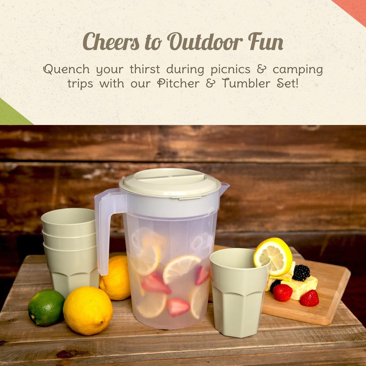 CAMP CASUAL CC-013RR Plastic Pitcher Set - 1 Pitcher with Lid & 4 Camping Cups for Travel, Parties, & Picnics - Sturdy, BPA Free, Dishwasher Safe - 84 oz Water Pitcher & 14.5 oz Cups (Rustic Red)