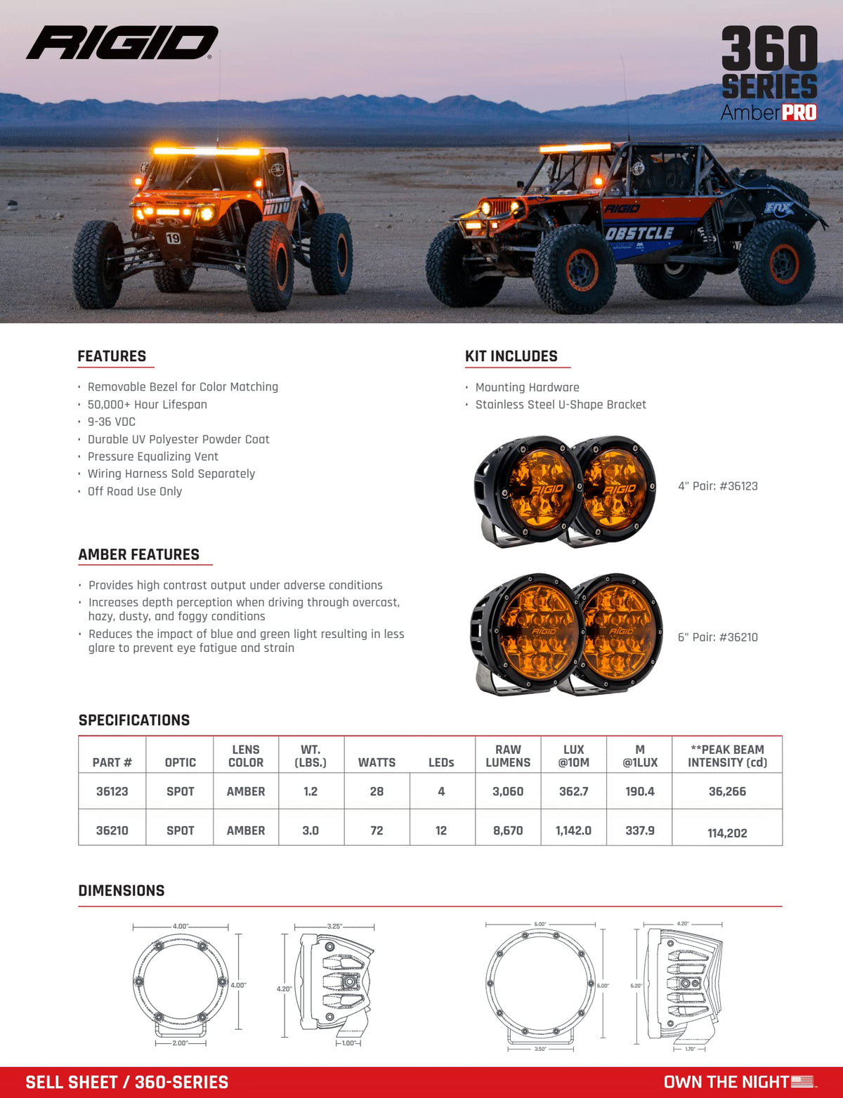 Rigid Industries 36210 RIGID INDUSTRIES 360-Series Amber PRO 6 Inch LED Light Pods Spot with Amber Backlight, Pair