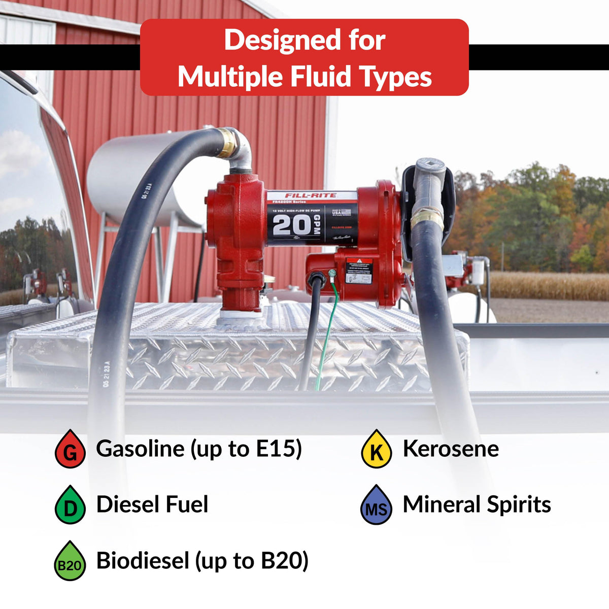 FILL RITE FR4210H Fill-Rite FR4210H 12V 20 GPM Fuel Transfer Pump with Discharge Hose & Manual Nozzle | Gasoline, Diesel, Kerosene, Ethanol & Methanol Blends & Biodiesel