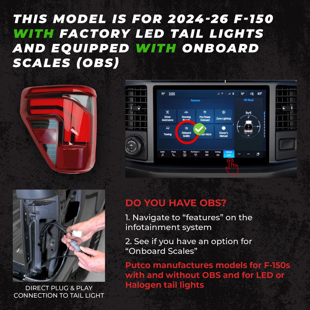 Putco 9202060-38 Putco 60" Blade LED Tailgate Light Bar Red/White LEDs & Plug-N-Play Quick Connect Harness Fits Ford F150 2024-2027 (Only fits Models with Onboard Scale/Tow Tech & OE LED Taillights)