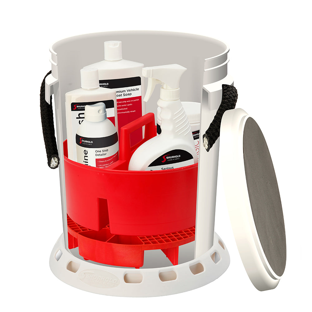 Shurhold 2465 Shurhold 5 Gallon White Bucket Kit - Includes Bucket, Caddy, Grate Seat, Buff Magic, Pro Polish Brite Wash, SMC &amp; Serious Shine