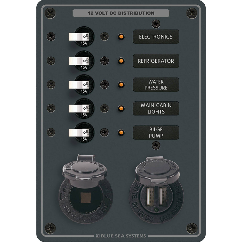 Blue Sea Systems 8120 Blue Sea 8120 - 5 Position 12V Panel w/Dual USB &amp; 12V Socket