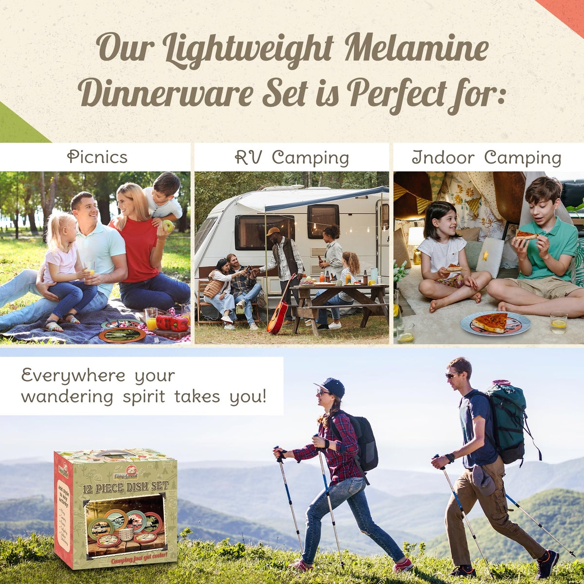 CAMP CASUAL CC-001 Melamine Plates & Bowls Set - 12-Piece Dish Set for Indoor & Outdoor Dining - BPA Free, Top Shelf Dishwasher Suitable Dinnerware Set - Sturdy Melamine Dinnerware Sets - Camping Dishes by Camp Casual