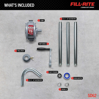 FILL RITE SD62 Fill-Rite SD62 Hand Fuel Transfer Pump, 7.5 Gallons per 100 Revolutions, 3/4" NPT Ports, 2" Bung Mount, Cast Iron Manual Pump with Aluminum Spout & Steel Suction Pipe