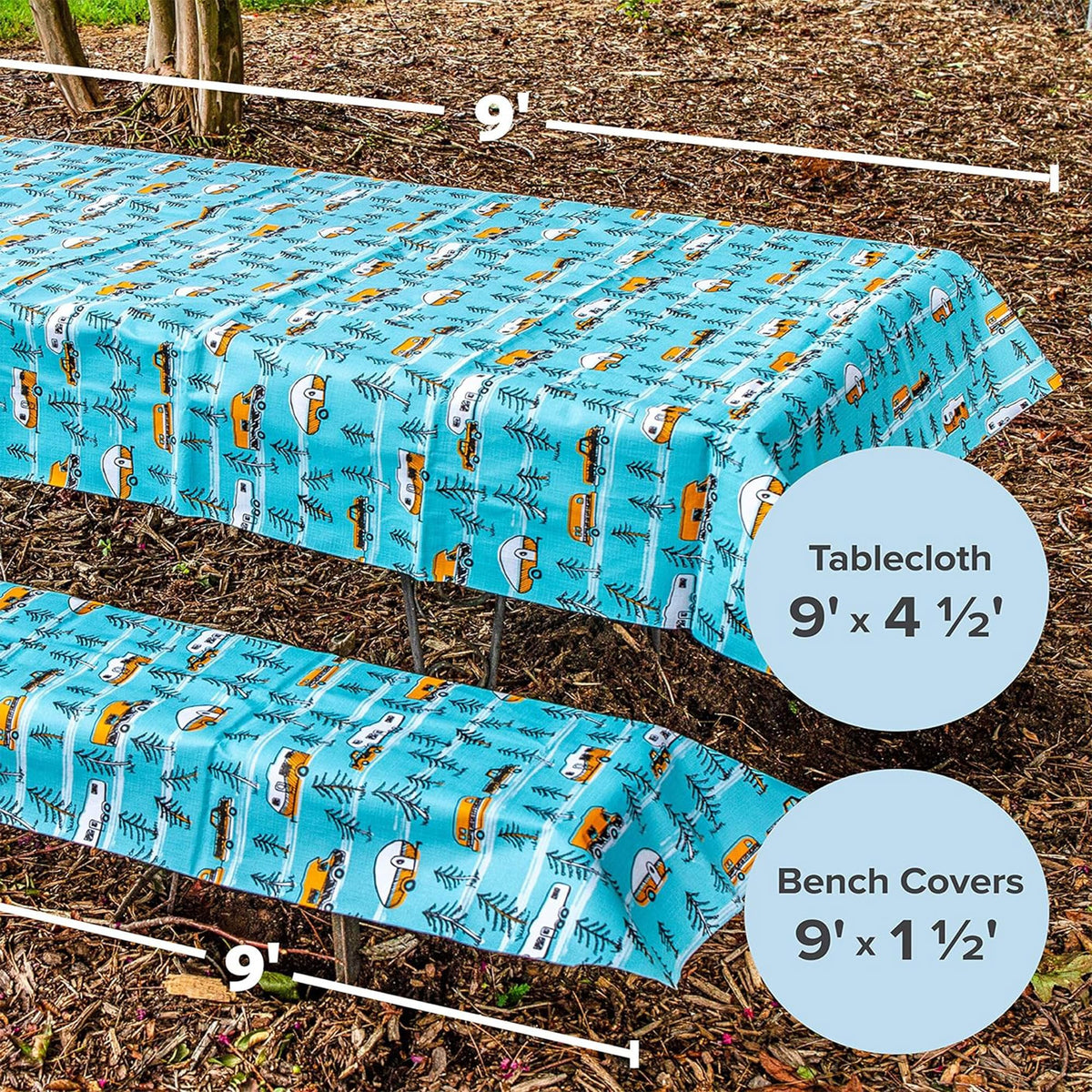 CAMCO 53380 Camco Life is Better at The Campsite Picnic Table Cover with Bench Covers - Provides a Clean Eating Surface for Outdoor Activities - Features an RV and Tree Sketch Design (53380)