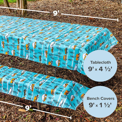 CAMCO 53380 Camco Life is Better at The Campsite Picnic Table Cover with Bench Covers - Provides a Clean Eating Surface for Outdoor Activities - Features an RV and Tree Sketch Design (53380)