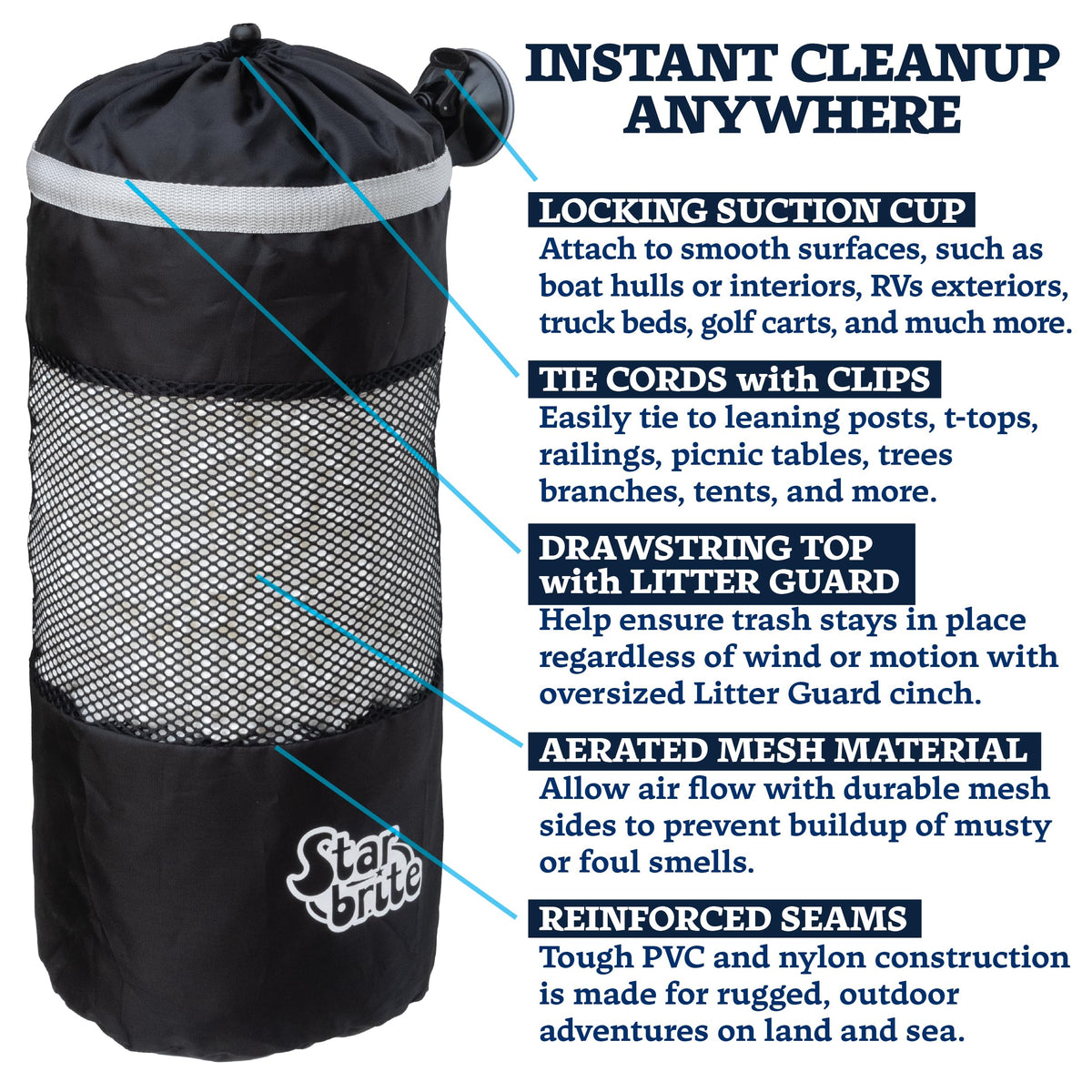 STAR BRITE 52074 STAR BRITE Mesh Trash Bag with Locking Suction Cup & Litter Guard Cinch Tie