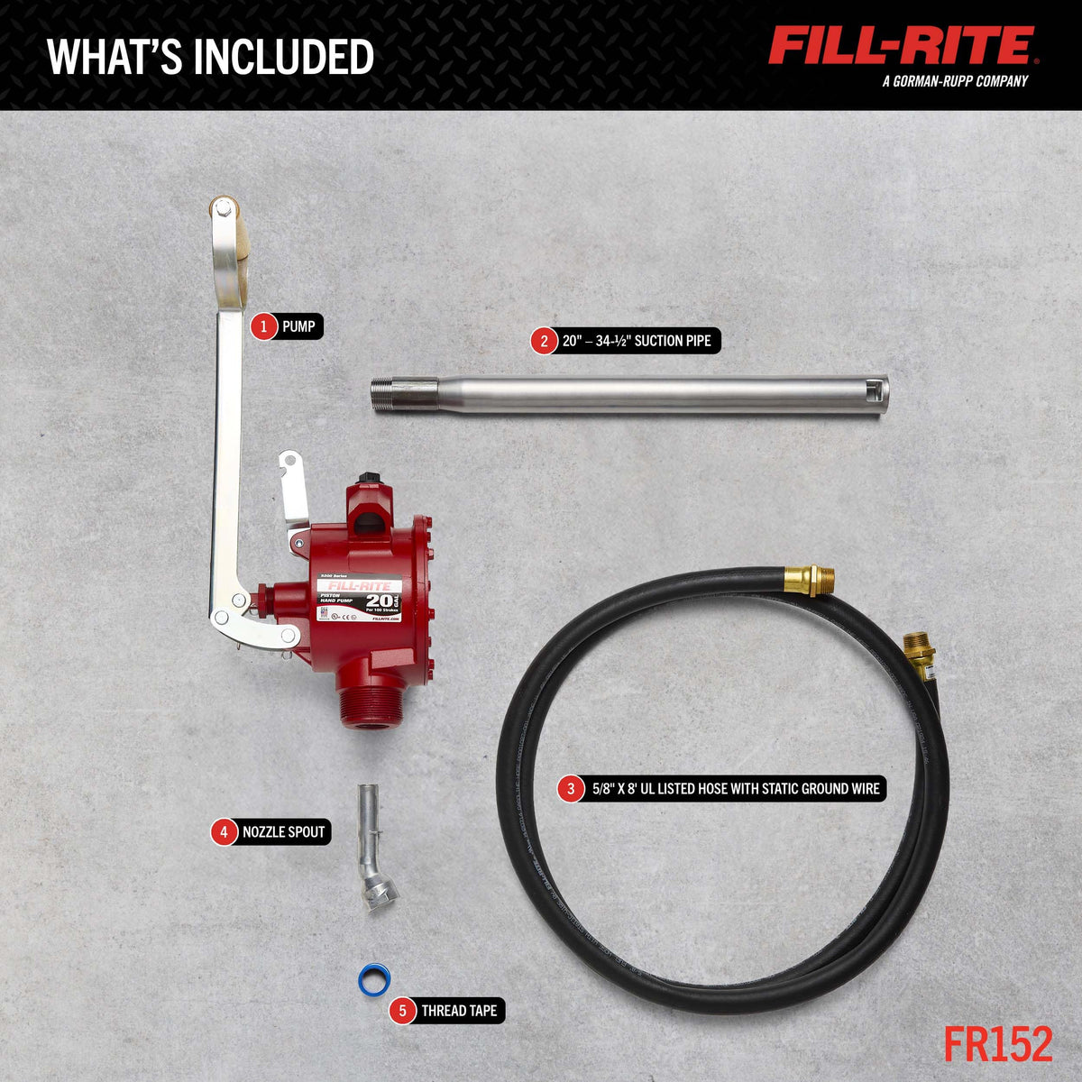 FILL RITE FR152 Fill-Rite FR152 Piston Hand Pump with Hose & Nozzle Spout, Red