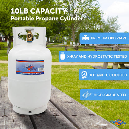 FLAME KING YSN10LB Flame King 10LB Steel Propane Tank Cylinder with Type 1 Overflow Protection Device Valve, Great for Camping, Fire Pits, Heaters, Grills, Overlanding, White