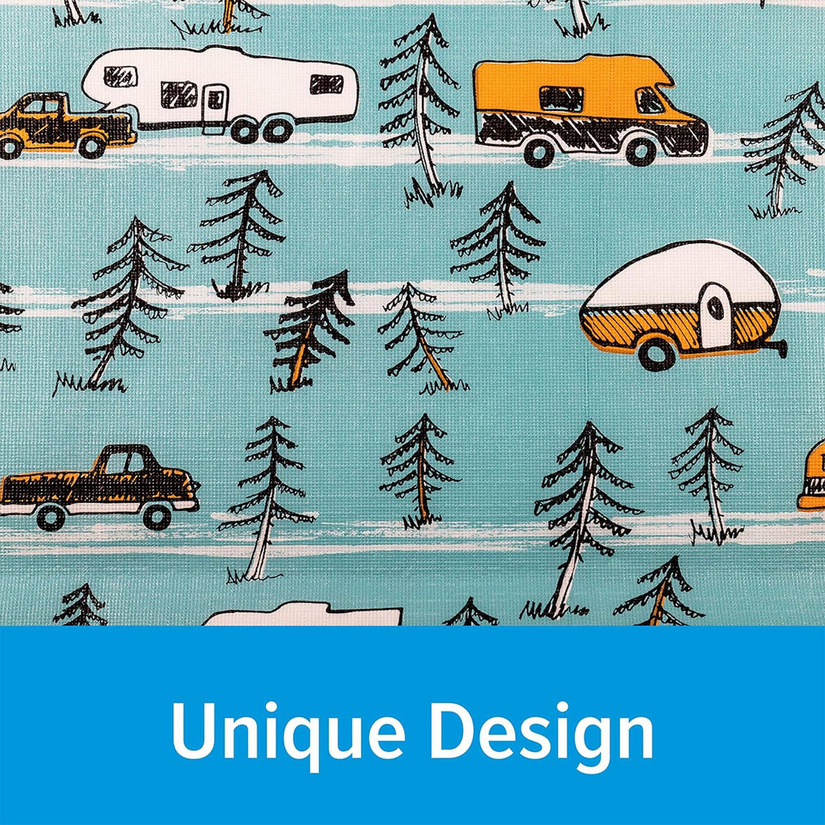 CAMCO 53380 Camco Life is Better at The Campsite Picnic Table Cover with Bench Covers - Provides a Clean Eating Surface for Outdoor Activities - Features an RV and Tree Sketch Design (53380)