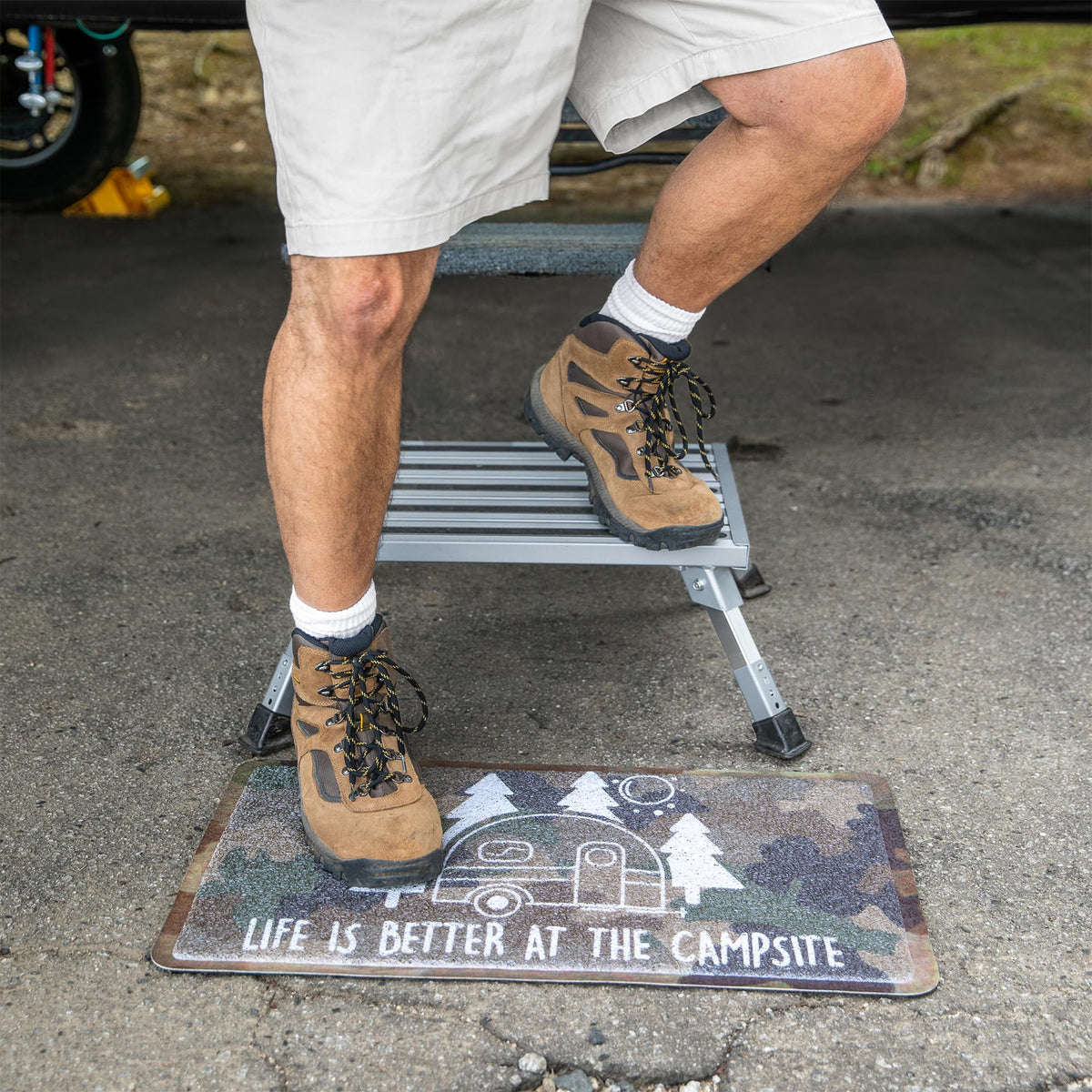 CAMCO 43676 Camco Folding Aluminum Step Stool, Adjustable Height for RV and Trailers, Silver - Lightweight, Foldable, and Heavy-Duty Stepping Platform for Home and Camping