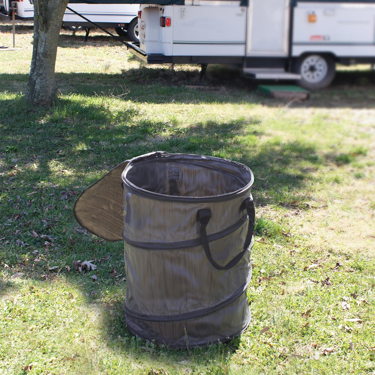 CAMCO 42893 Camco Pop-Up Utility Container - Use as Collapsible Trash Can When Camping - Holds 30-Gallon Kitchen-Size Trash Bags - Stands 2-Ft Tall & Collapses for RV Storage and Organization (42893-A)