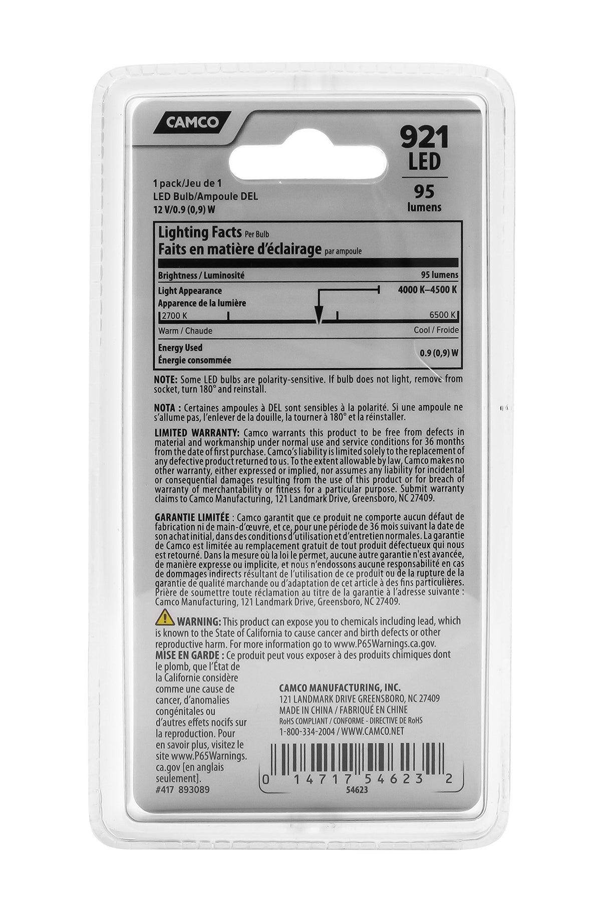 CAMCO 54623 Camco 54623 LED Replacement Bulb (921 T10 Wedge),1 Pack