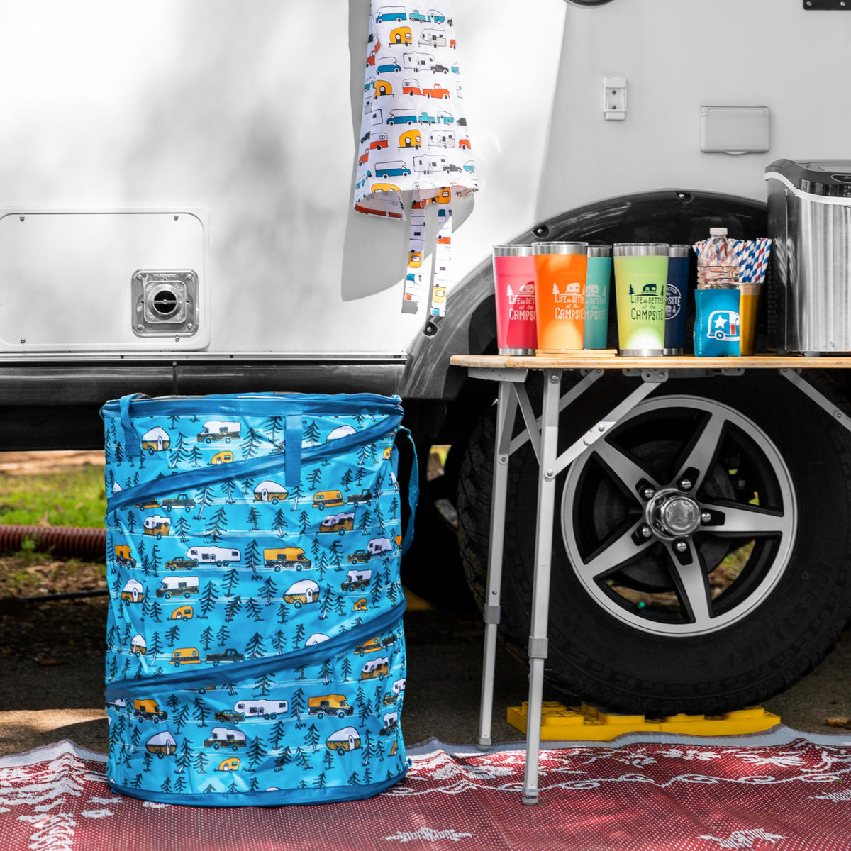 CAMCO 53061 Camco Life is Better at The Campsite Tumbler | Heavy Duty Double Wall Vacuum Insulation | Crafted of 18/8 Stainless Steel | Unique “Life is Better at The Campsite” Design on Coral Pink | 20-oz (53061)
