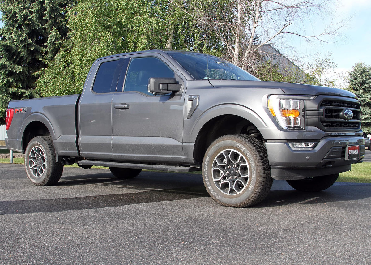 FLOWMASTER 718116 Flowmaster 718116 FlowFX Cat-Back Exhaust Kit 3 to 2.5 Inch Dual Same Side Exit 409 Stainless Steel 4 Inch Black Ceramic Coat 304 Stainless Steel Tips Compatible with 2020-2024 Ford F-150 2.7 3.5 5.0L