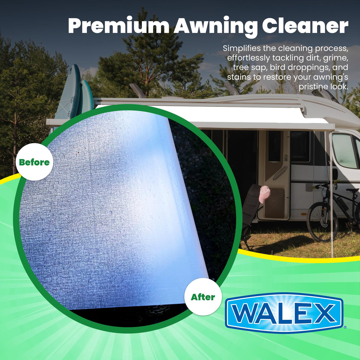 WALEX WALAC32 Walex RV Awning Cleaner - Safe for Vinyl & Fabric, Dissolves Tough Stains, Mold, Mildew, Dirt, Bird Droppings & More; Extends Awning Lifespan for RVs, Campers, Trailers & Motorhomes, 32 oz