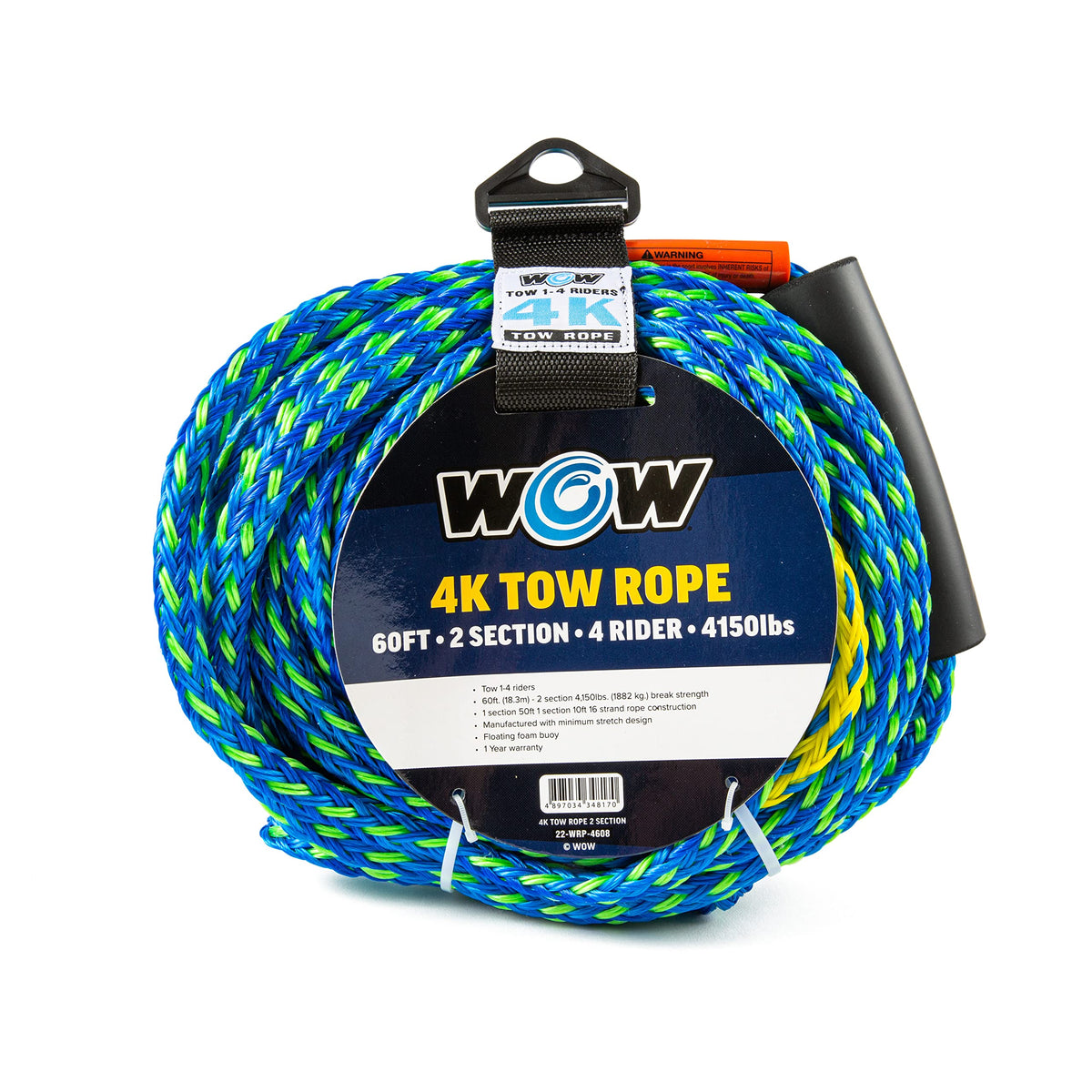 WOW SPORTS 22-WRP-4608 WOW Sports Towing Rope for Wakeboard, Water Ski and Wakesurf, 4-Rider 4K Tow Rope with 2 Sections, 60'