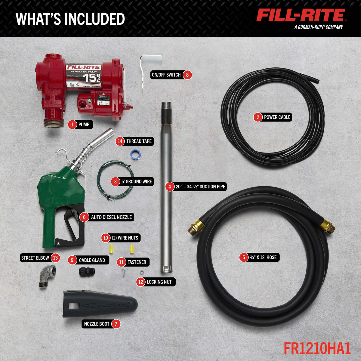 FILL RITE FR1210HA1 Fill-Rite FR1210HA1 12V 15 GPM Fuel Transfer Pump with Discharge Hose & Automatic Nozzle, Green - Gasoline, Diesel, Kerosene, Ethanol & Methanol Blends & Biodiesel