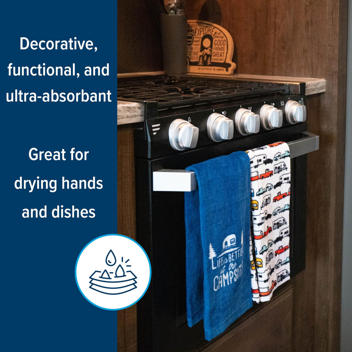 CAMCO 53301 Camco Life is Better at The Campsite Camper/RV Dish Towel Set - Features a Camping/RV Themed Towel & a Navy Blue with White Logo Towel - Designed with 100% Cotton - 2-Pack (53301)