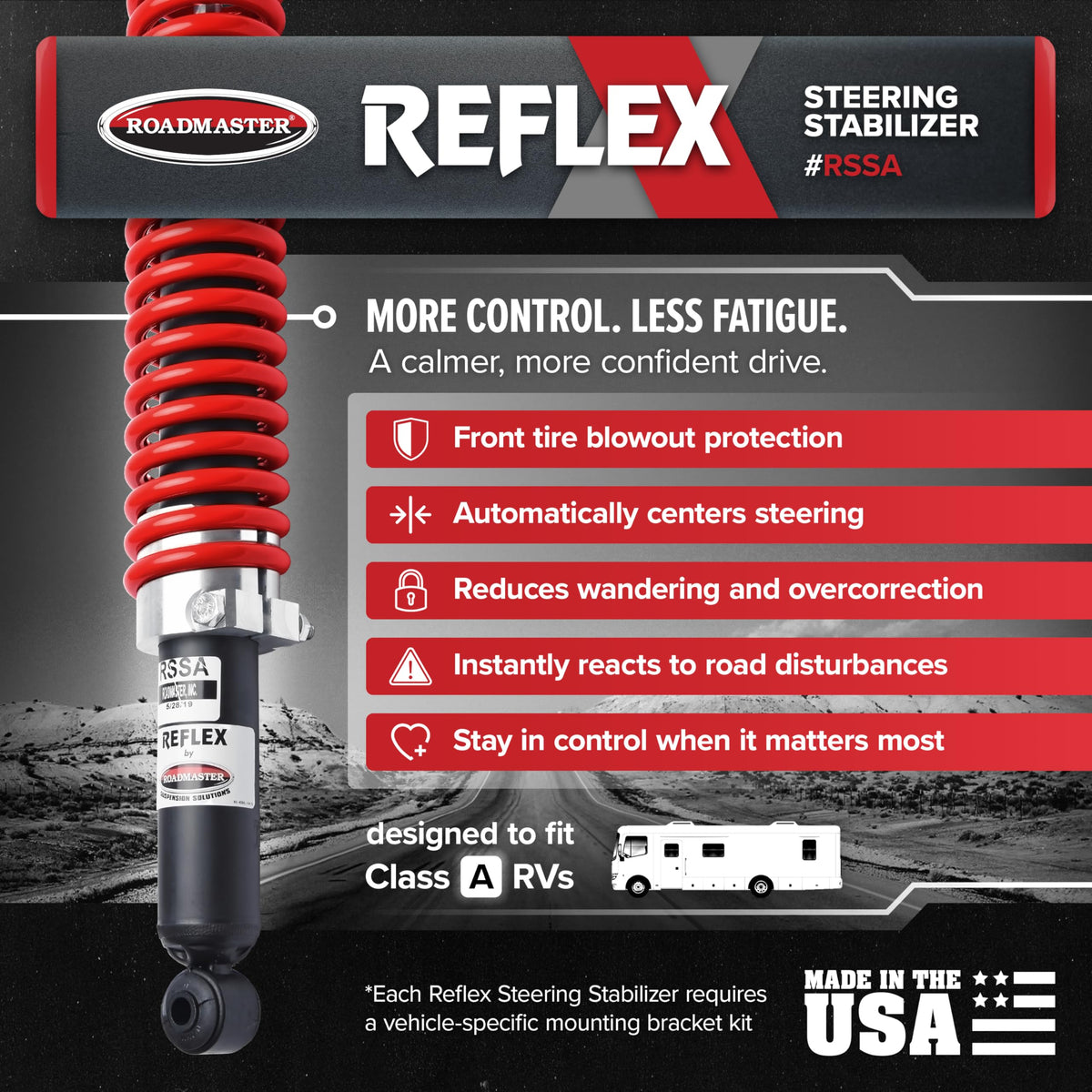 ROADMASTER RSSA Roadmaster RSSA Reflex Steering Stabilizer Compatible with Cutaway & Class A Motorhomes – Requires RBK Mounting Kit (Sold Separately) for Installation – Reduces Driver Fatigue & Improves Stability