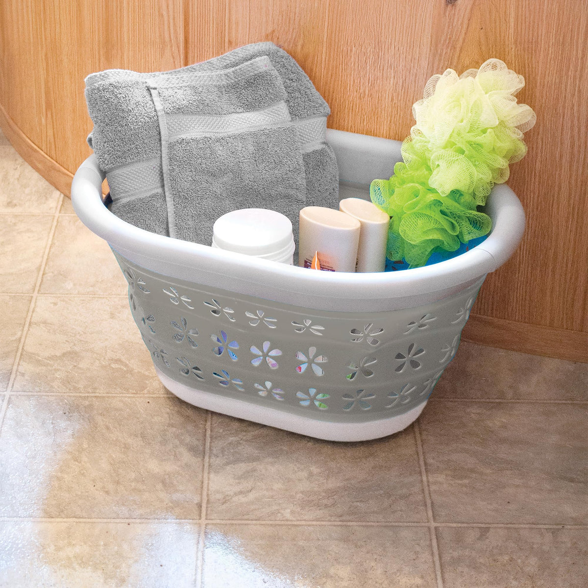 CAMCO 51951 Camco Collapsible Laundry Basket with Handles, Taupe/White, Small, 51951