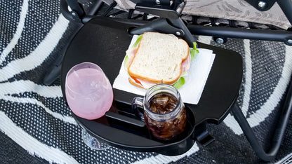 CAMCO 51834 Camco Zero Gravity Chair Tray – Clip‑On Side Table w/Cup Holders, Stemmed Glass Slot, Non‑Slip Textured Surface, Drainage Holes & Bag Hook – Fits up to 7/8” Frames – Durable Polymer, Black (51834)