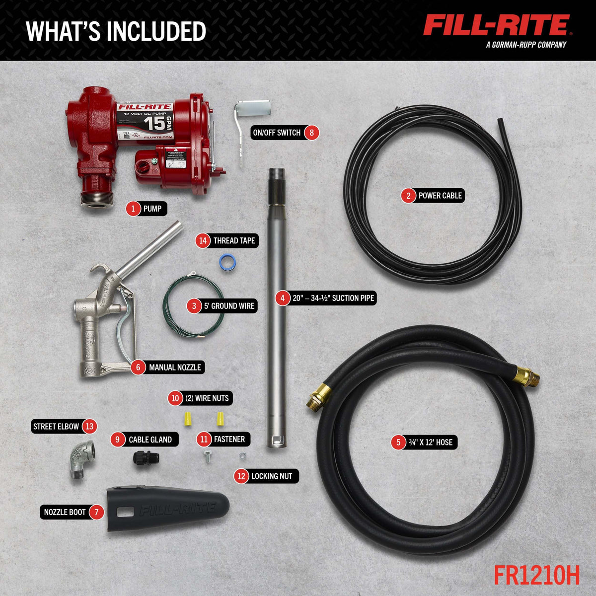 FILL RITE FR1210H Fill-Rite FR1210H 12V 15 GPM Fuel Transfer Pump with Discharge Hose & Manual Nozzle | Gasoline, Diesel, Kerosene, Ethanol & Methanol Blends & Biodiesel