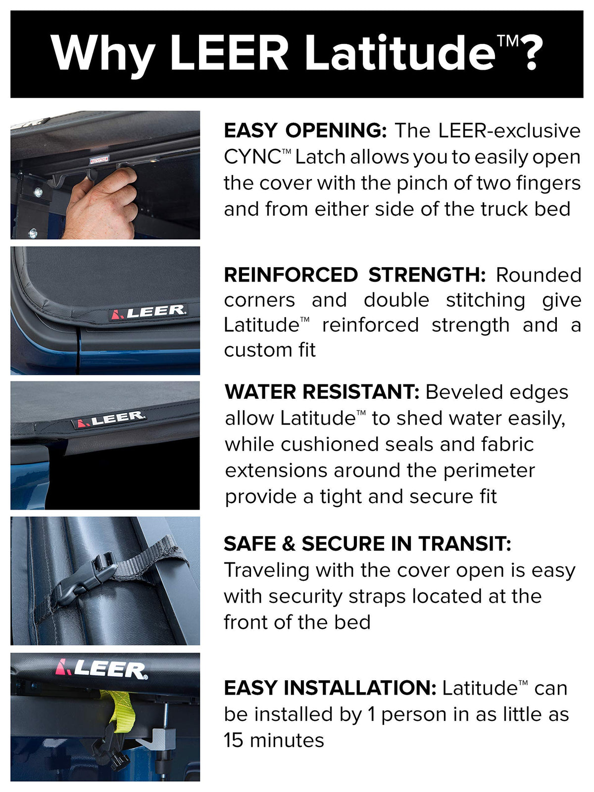 LEER 630289 LEER Latitude | Fits 2007-2021 Toyota Tundra with 5.6 FT Bed with Track | Easy Install, Soft Tri-Fold Truck Bed Tonneau Cover (with Track) - Does Not Fit Trail Edition