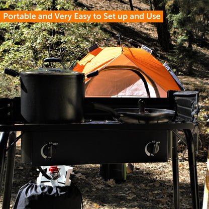 FLAME KING YSN-DB60K Flame King Outdoor Propane Double Dual Burner Stove 200K BTU Turkey Fryer/Camp Cooker, Portable with Stand Great for Backyard Cooking, Home Brewing & Canning