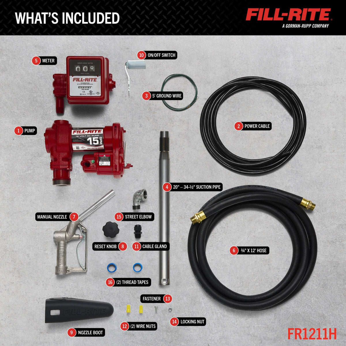 FILL RITE FR1211H Fill-Rite FR1211H 12V 15 GPM Fuel Transfer Pump with Standard Mechanical Meter Package, Gallons | Gasoline, Diesel, Kerosene, Ethanol & Methanol Blends & Biodiesel