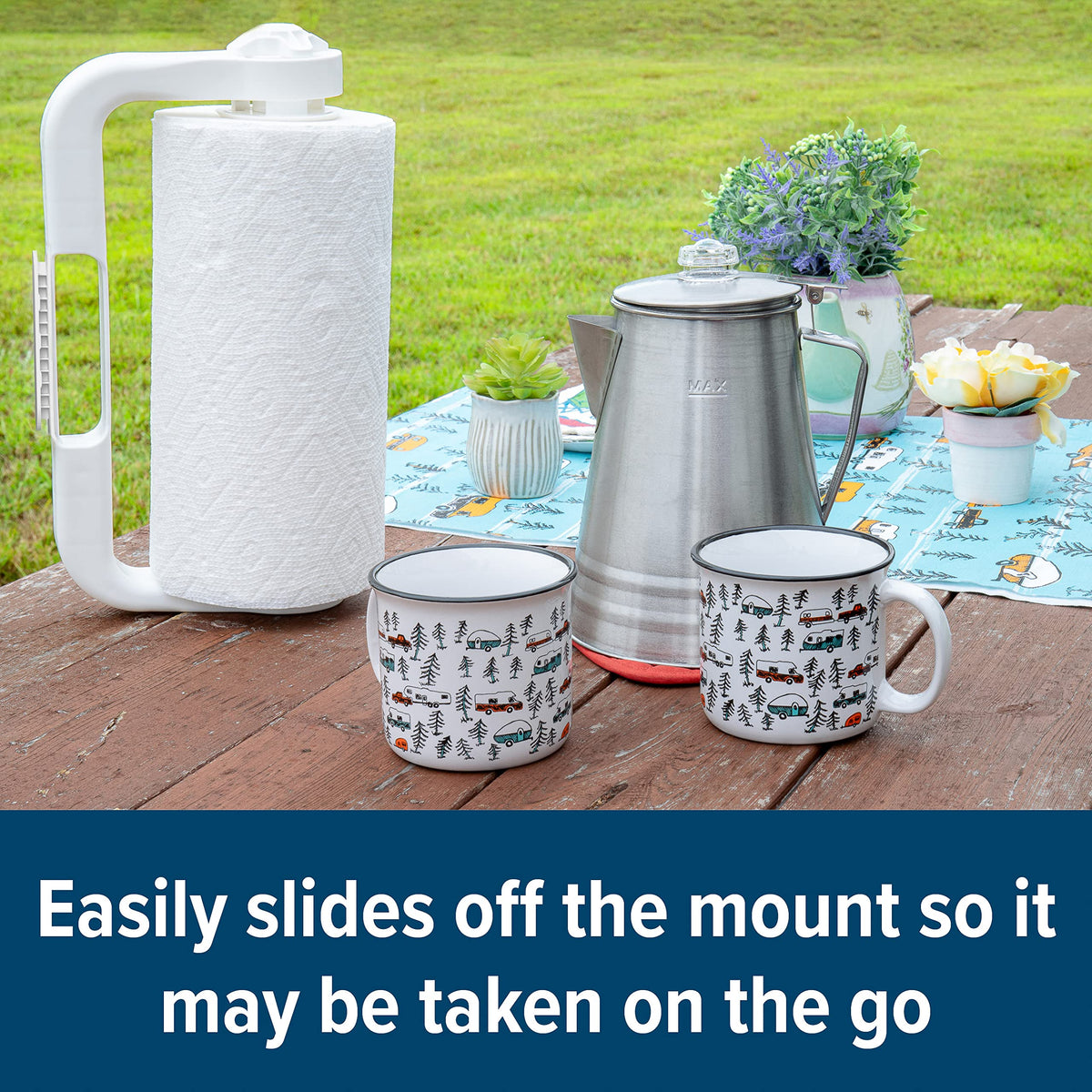 CAMCO 57114 Camco Paper Towel Holder | Ideal for Compact Areas | Features Mountable Design and Adjustable Side Knob | White (57114)