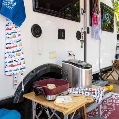 CAMCO 53301 Camco Life is Better at The Campsite Camper/RV Dish Towel Set - Features a Camping/RV Themed Towel & a Navy Blue with White Logo Towel - Designed with 100% Cotton - 2-Pack (53301)