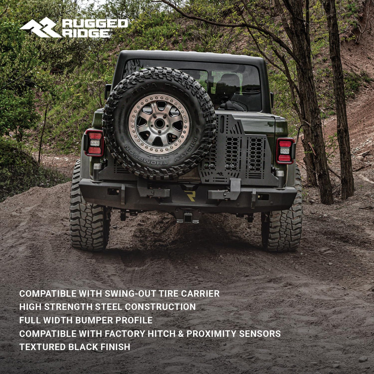 RUGGED RIDGE 11540.38 Rugged Ridge WingMate Rear Bumper for Jeep Gladiator JT | Accommodates Swingout Tire Carrier, Dual Pivot Points, 3/16" Steel, Textured Black | 11540.38 | Fits 2020-2024 Jeep Gladiator JT