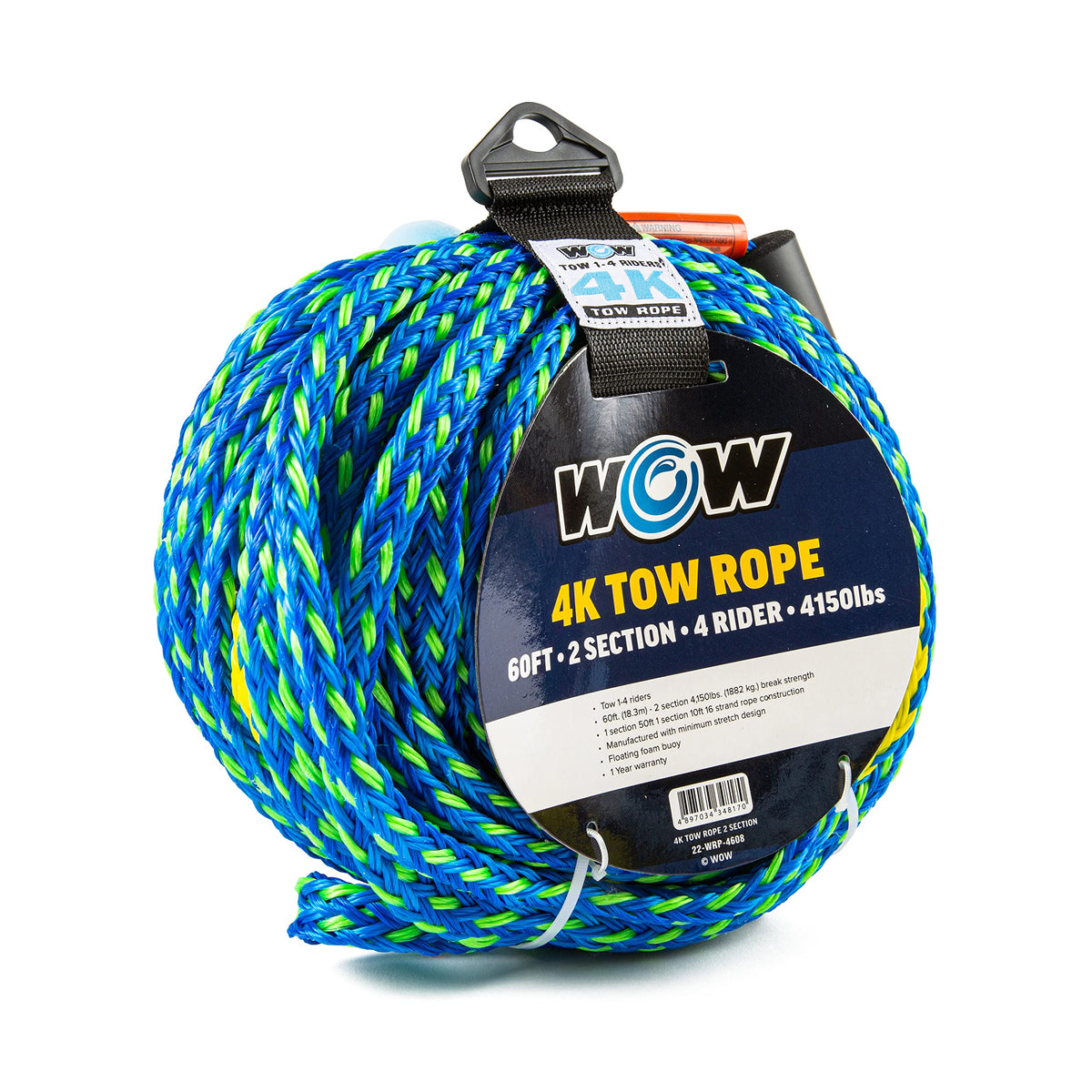 WOW SPORTS 22-WRP-4608 WOW Sports Towing Rope for Wakeboard, Water Ski and Wakesurf, 4-Rider 4K Tow Rope with 2 Sections, 60'