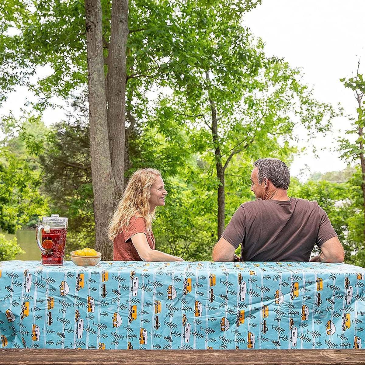 CAMCO 53380 Camco Life is Better at The Campsite Picnic Table Cover with Bench Covers - Provides a Clean Eating Surface for Outdoor Activities - Features an RV and Tree Sketch Design (53380)