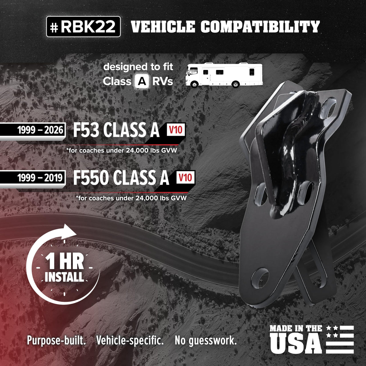 ROADMASTER RBK22 Roadmaster RBK22 Reflex Steering Stabilizer Mounting Bracket Kit Compatible with 1999-2025 F53 Class A V10 & 1999-2019 F550 Class A V10 | Provides Secure Mounting for Reflex Stabilizer