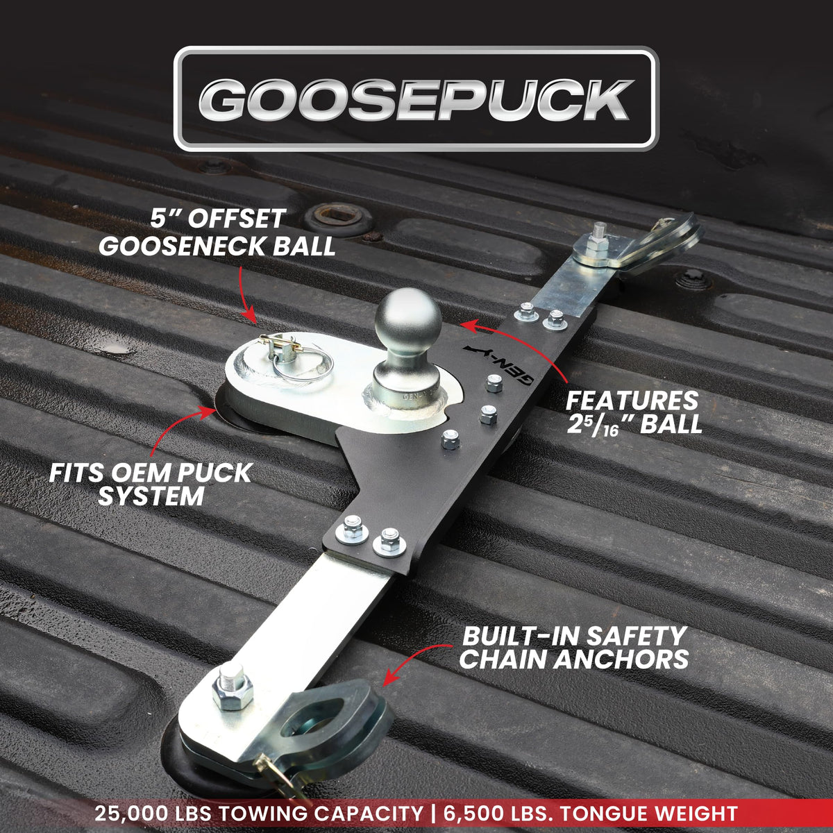 GEN-Y HITCH GH-21011 GEN-Y Hitch GoosePuck GEN II Main Assembly - 5" Offset - 25K Overall Towing - with Safety Chain Anchors Incorporated - Compatible with Ford 2017 to Current