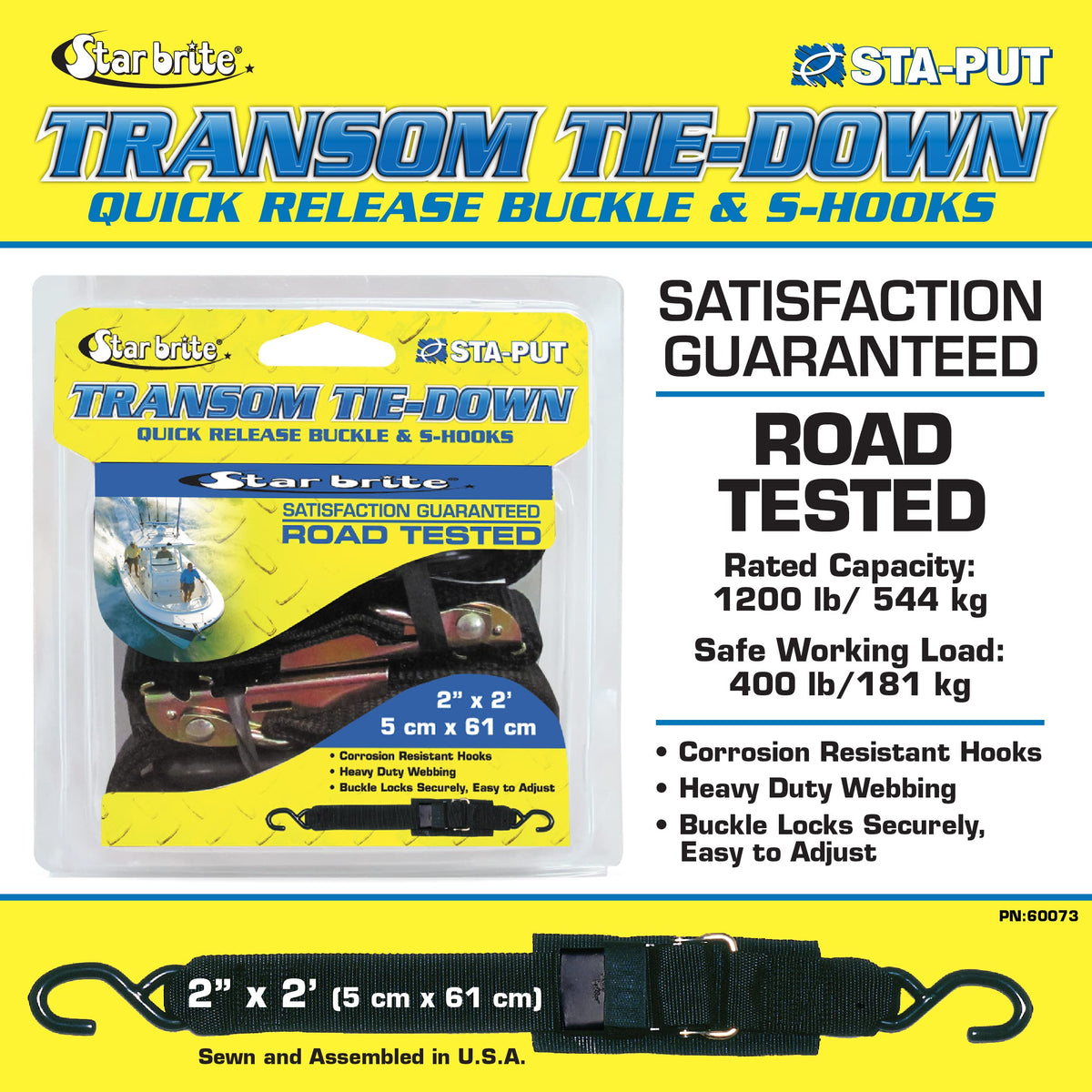 STAR BRITE 060073 STAR BRITE Transom Tie Down Straps 2" x 2' with Coated S Hook Buckle