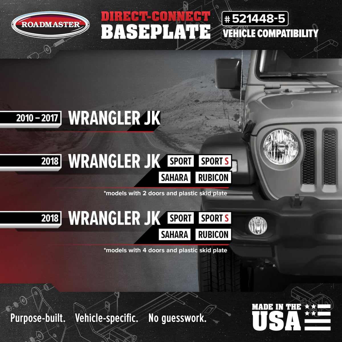 Roadmaster 521448-5 Roadmaster 521448-5 Direct Connect Base Plates Compatible with 2010-2017 Wrangler JK Models and 2018 JK Models of Sport, Sport S, Sahara and Rubicon with Plastic Skid Plate